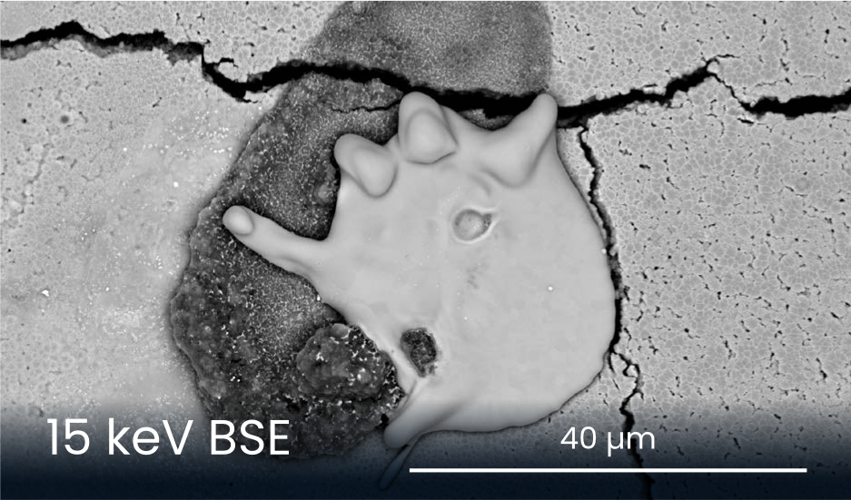 Higher resolution, with excellent materials contrast. Image can reliably be interpreted as: dark = low atomic number, bright = high atomic number.